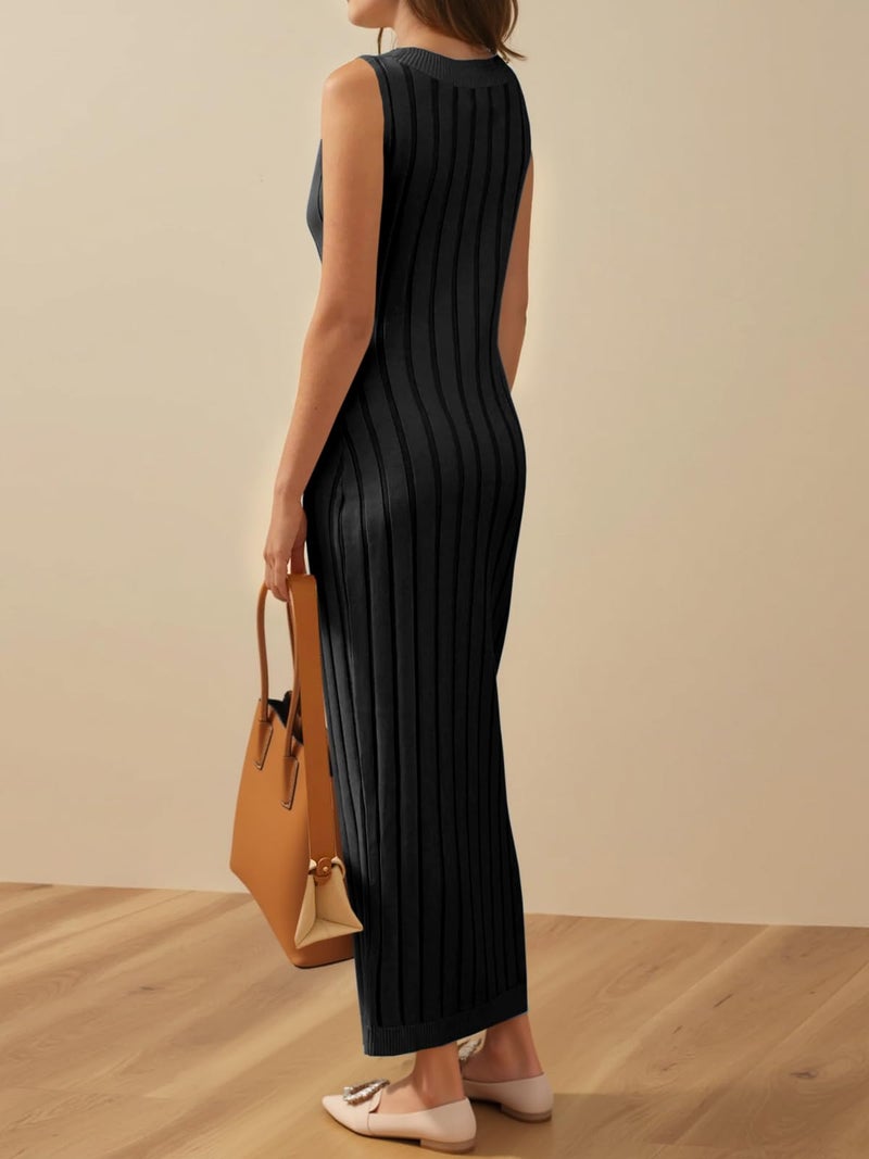 Wenrine Womens Sleeveless Sweater Dress Mock Neck Ribbed Knit Fall Tank Maxi Dresses Pure Black - Image 4