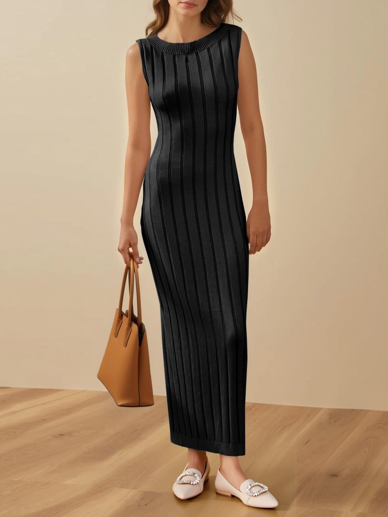 Wenrine Womens Sleeveless Sweater Dress Mock Neck Ribbed Knit Fall Tank Maxi Dresses Pure Black - Image 3