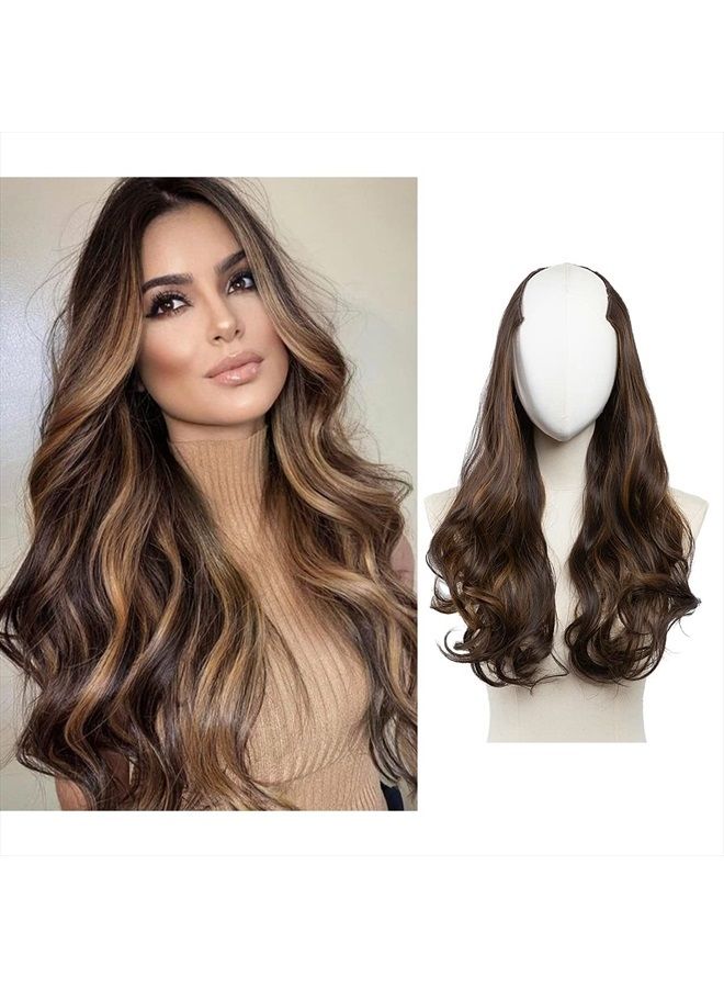 SARLA إضافات شعر صناعية على شكل حرف U مع مشابك، تجعيد مموج، قطعة شعر طويلة كاملة للنساء، بني داكن/شقراء ذهبية، 24 بوصة - Image 1