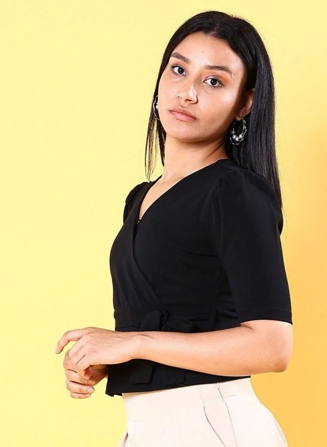 Women Regular Fit Solid V-Neck Short Sleeve Wrap Top