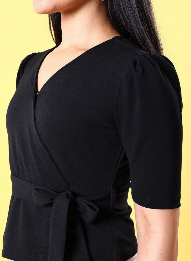 Freehand  Women Regular Fit Solid V-Neck Short Sleeve Wrap Top  | Best Price UAE