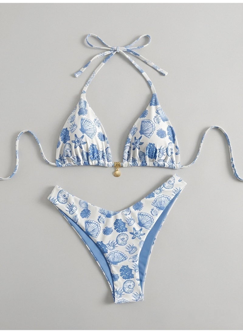 Aura Style Women's Two-Piece Triangle Bikini Set Ocean Seashell Print Halter Neck Swimsuit with Shell Charm Accent - Image 4