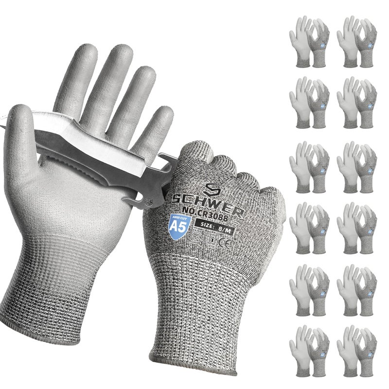Schwer 12 Pairs ANSI A5 Cut Resistant Work Gloves, Cut Proof Gloves with PU Coating, Used for Metal Fabrication, WoodWorking, Construction, Non Slip, Durable, M, CR3088 - Image 1