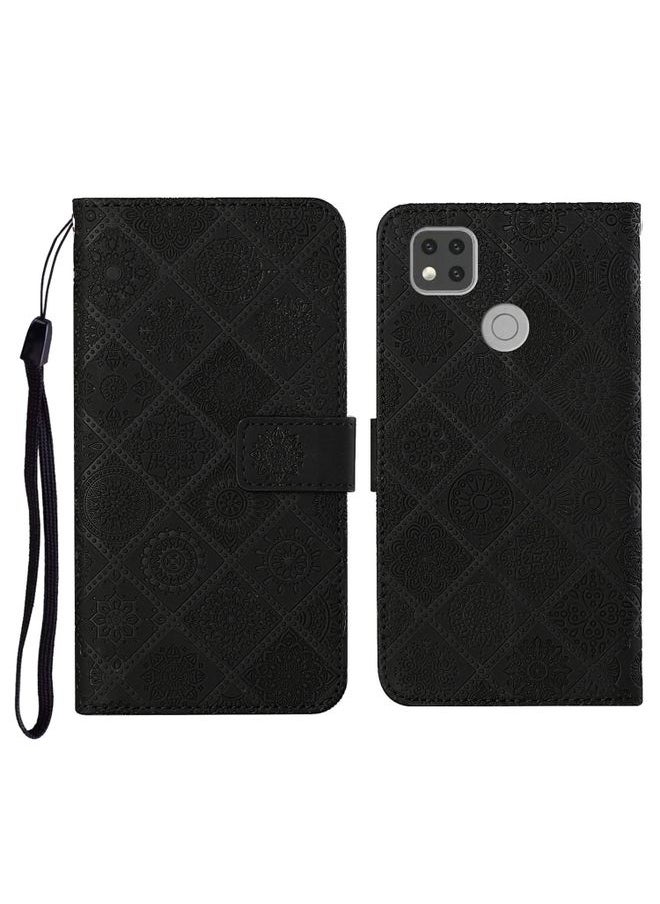 HuHa Case Cover For Xiaomi Redmi 9C Ethnic Style Embossed Pattern Horizontal Flip Leather Case with Holder & Card Slots & Wallet & Lanyard Black 
