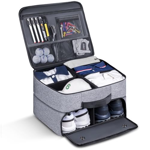 MAQTOIZ Large Golf Trunk Organizer 2 Layer Car Golf Organizer with 2 Shoes Compartment Golf Trunk Storage Locker for Golf Accessories Balls Tees Clothes Gloves Golf Gifts for Men - Image 1