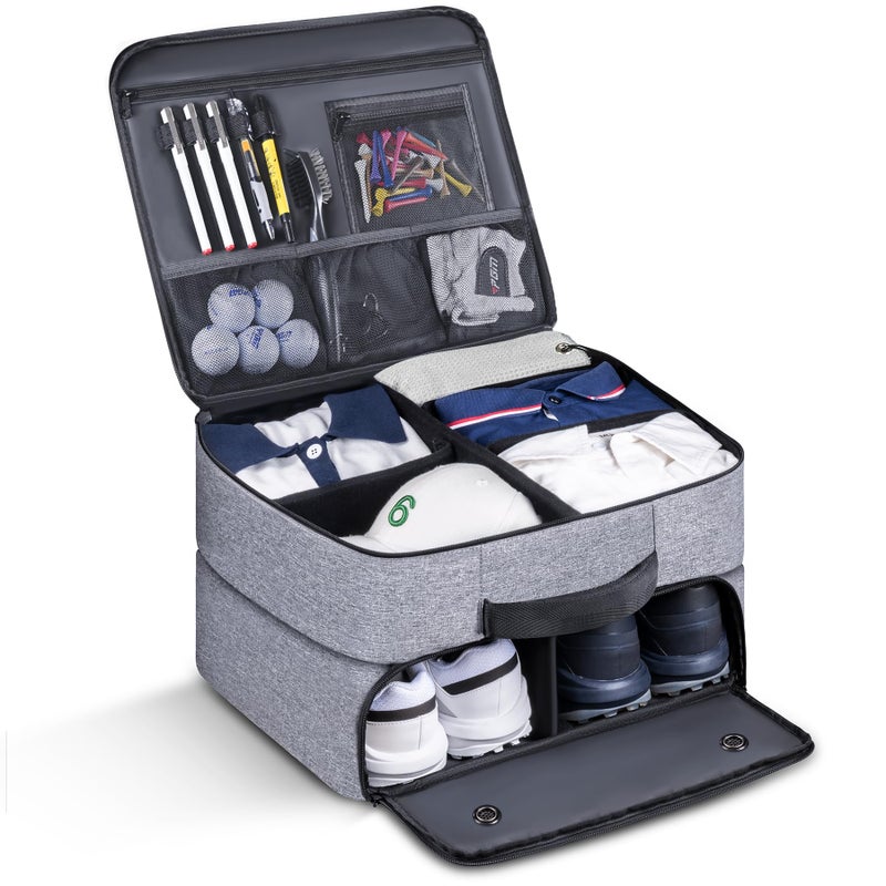 MAQTOIZ Large Golf Trunk Organizer 2 Layer Car Golf Organizer with 2 Shoes Compartment Golf Trunk Storage Locker for Golf Accessories Balls Tees Clothes Gloves Golf Gifts for Men - Image 2