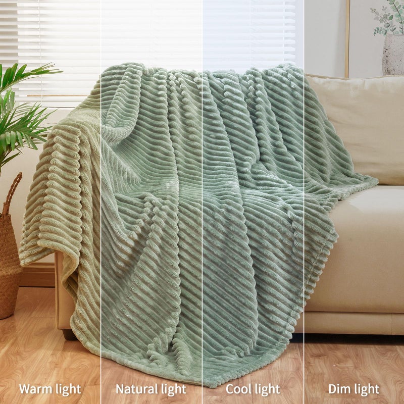 Bnuitland Bnuitland Sage Green Flannel Throw with Storage Pouch 300GSM Super Soft Fleece Stripe Pattern Sofa Blanket for Babys and Kids  Lightweight Cozy Bed Throw for Home Decor All Season  - Image 5