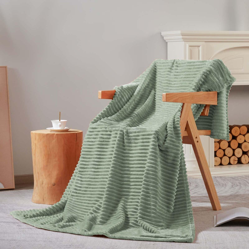 Bnuitland Bnuitland Sage Green Flannel Throw with Storage Pouch 300GSM Super Soft Fleece Stripe Pattern Sofa Blanket for Babys and Kids  Lightweight Cozy Bed Throw for Home Decor All Season  - Image 3