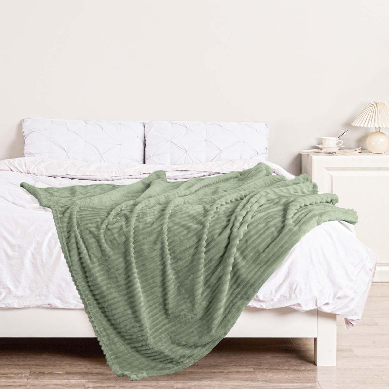 Bnuitland Bnuitland Sage Green Flannel Throw with Storage Pouch 300GSM Super Soft Fleece Stripe Pattern Sofa Blanket for Babys and Kids  Lightweight Cozy Bed Throw for Home Decor All Season  - Image 4