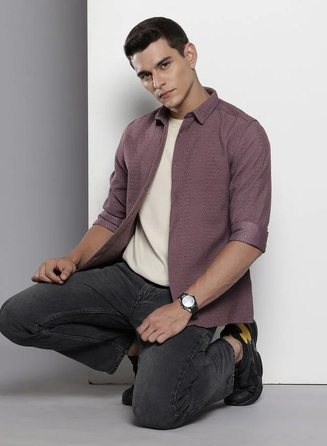 The Indian Garage Co  Men Purple Textured Casual Shirt for Men | Best Price UAE