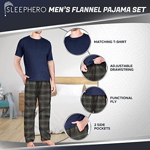 SLEEPHERO Fathers Day Mens Pajamas Set 2 Piece Short Sleeve Mens Flannel Sleepwear Set with Crewneck T-Shirt and Flannel Pants Navy with Green and Navy Plaid Medium - Image 2