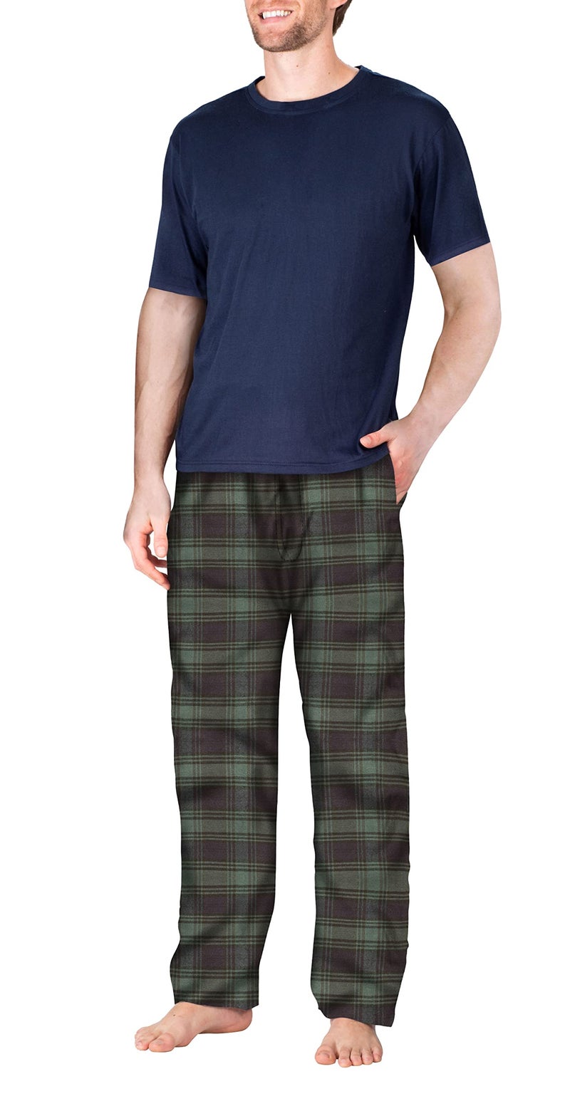 SLEEPHERO Fathers Day Mens Pajamas Set 2 Piece Short Sleeve Mens Flannel Sleepwear Set with Crewneck T-Shirt and Flannel Pants Navy with Green and Navy Plaid Medium - Image 1