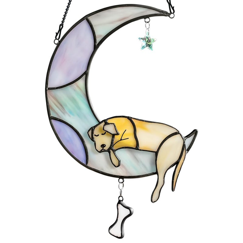 BOXCASA Dog Memorial Gifts Stained Glass Window Hangings,Dog on Moon Rainbow Bridge Decor Suncatchers,Dogs Bereavement Gifts for Loss of Pet,Loss of Pet Sympathy Gift for Pet Lover - Image 1