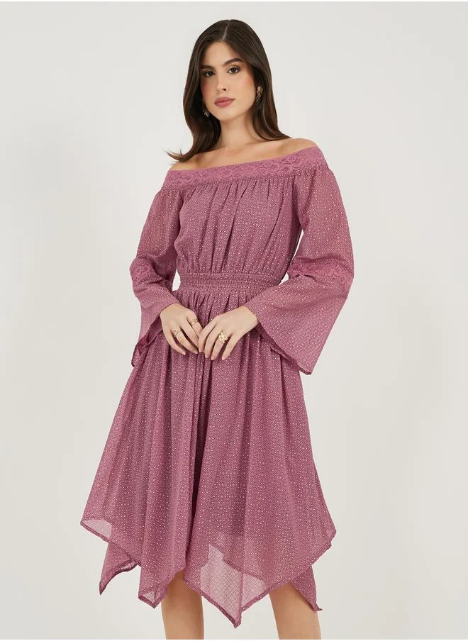 Styli Ditsy Print Off Shoulder Lace Insert Midi Dress