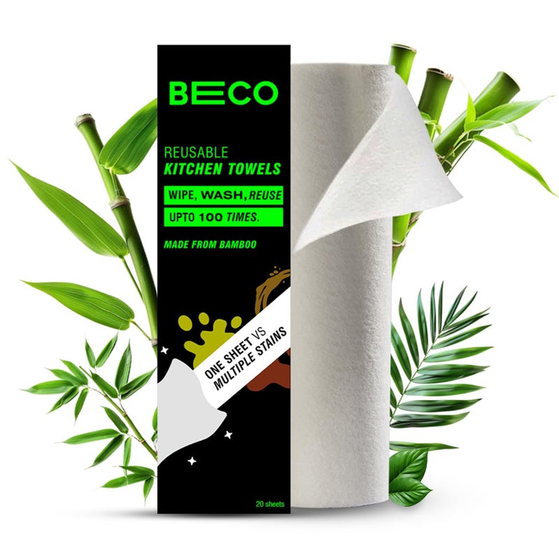 Beco Reusable Kitchen Towel Roll-2000 Times Washable|Soft & Highly Absorbent|Better Alternative to Dishcloth, Kitchen Tissue Paper Roll/Paper Towel|Eco Bamboo Wipes for Home Cleaning|20 Sheets - Image 2