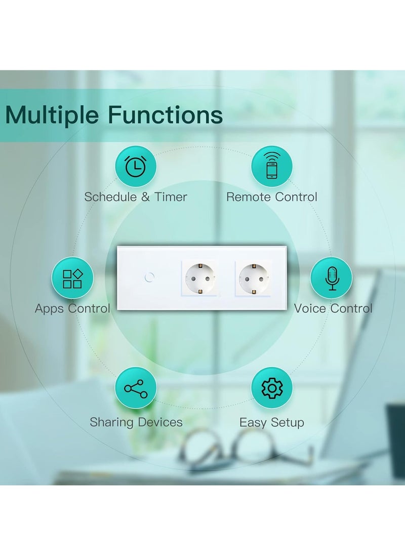16A Normal Socket with Smart Alexa Glass WiFi Touchscreen Light Switch, Double Plug, 1-Way, Neutral Line Required Compatible with Alexa/Tuya/Google Home/Smart Life, White