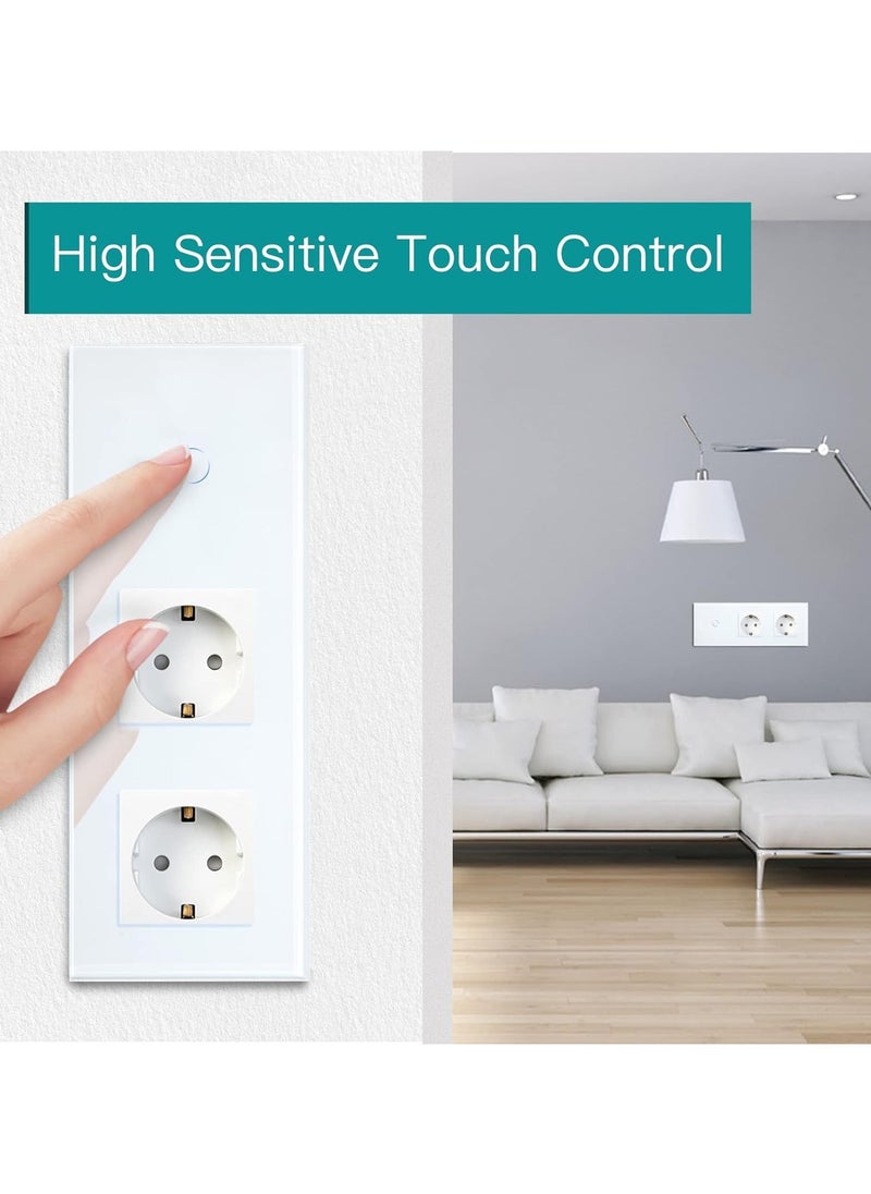 16A Normal Socket with Smart Alexa Glass WiFi Touchscreen Light Switch, Double Plug, 1-Way, Neutral Line Required Compatible with Alexa/Tuya/Google Home/Smart Life, White