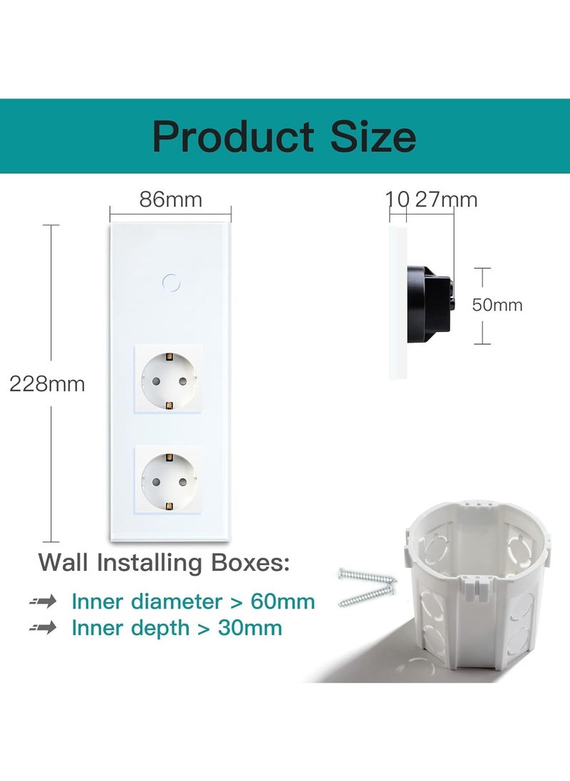 16A Normal Socket with Smart Alexa Glass WiFi Touchscreen Light Switch, Double Plug, 1-Way, Neutral Line Required Compatible with Alexa/Tuya/Google Home/Smart Life, White