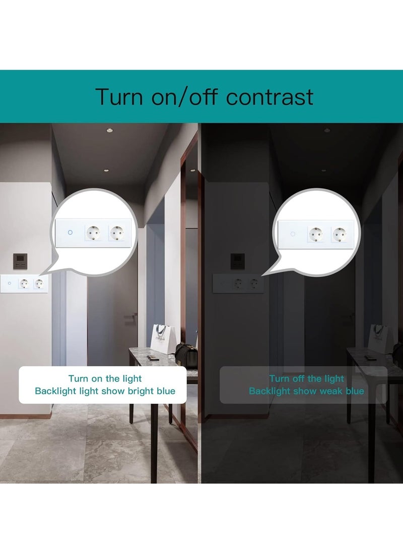 16A Normal Socket with Smart Alexa Glass WiFi Touchscreen Light Switch, Double Plug, 1-Way, Neutral Line Required Compatible with Alexa/Tuya/Google Home/Smart Life, White