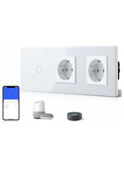16A Normal Socket with Smart Alexa Glass WiFi Touchscreen Light Switch, Double Plug, 1-Way, Neutral Line Required Compatible with Alexa/Tuya/Google Home/Smart Life, White