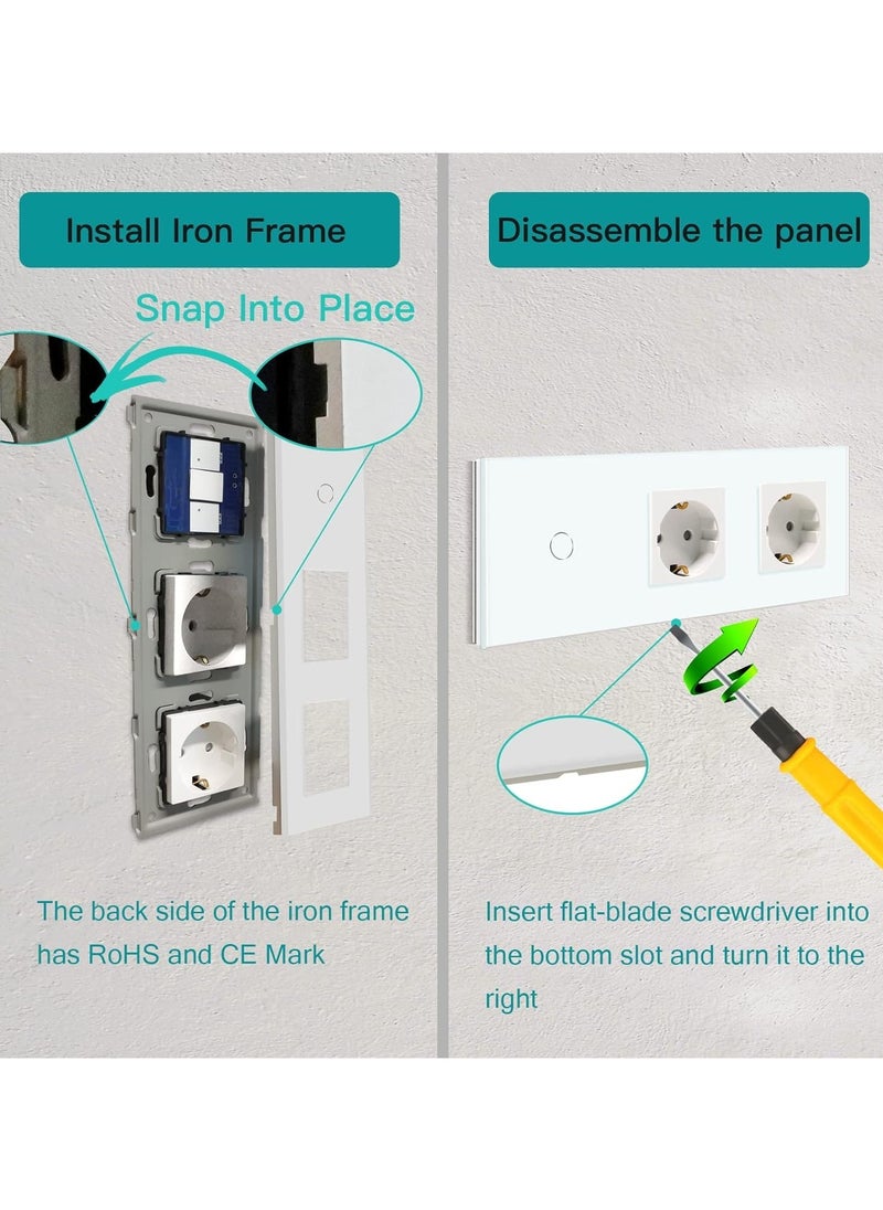 16A Normal Socket with Smart Alexa Glass WiFi Touchscreen Light Switch, Double Plug, 1-Way, Neutral Line Required Compatible with Alexa/Tuya/Google Home/Smart Life, White