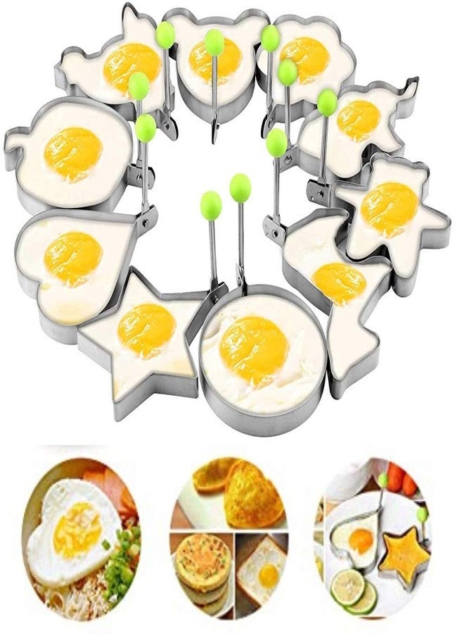 NIDY® Fried Egg Mold Rings DIY Kitchen Cooking Tools for Breakfast Stainless Steel. 10Pcs-Star-Circle-Flower-Heart-Bear-Horse-Mickey-Hen-Elephant-Apple Set of 10 - Image 1