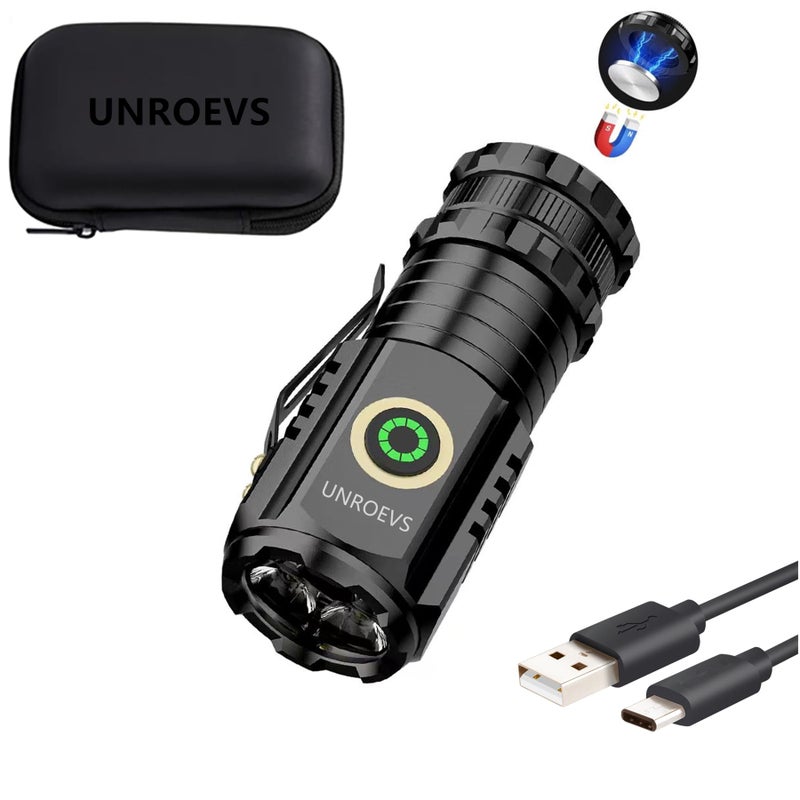 فلاشلايت UNROEVS ميني 2550 لومن قابل للشحن USB C فلاشلايت صغير EDC 5 أوضاع ضوء جيب مع مشبك فلاشلايت مغناطيسي للهدايا الخارجية للصيد والتخييم والضروريات