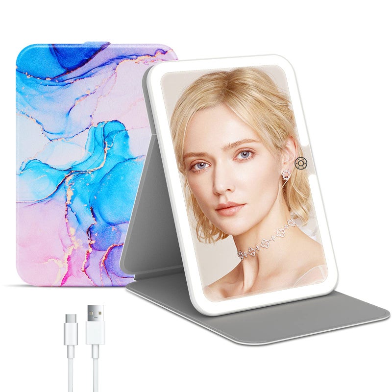 FUNTOUCH Rechargeable Travel Lighted Makeup Mirror with PU Leather Cover, Portable Travel Makeup Mirror with Lights, 3 Color Lighting,Touch Sensor Dimmable, Light Up Tabletop Folding Cosmetic Mirror Colorful - Image 1