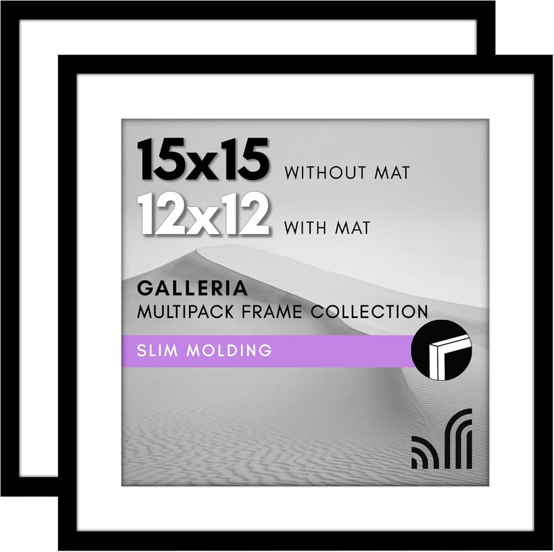 Americanflat 15x15 Picture Frame with Polished Plexiglass - Set of 2 - Use as 12x12 Frame with Mat or 15x15 Frame Without Mat - Galleria Collection - Gallery Wall Frame Set for Wall Display - Black - Image 1