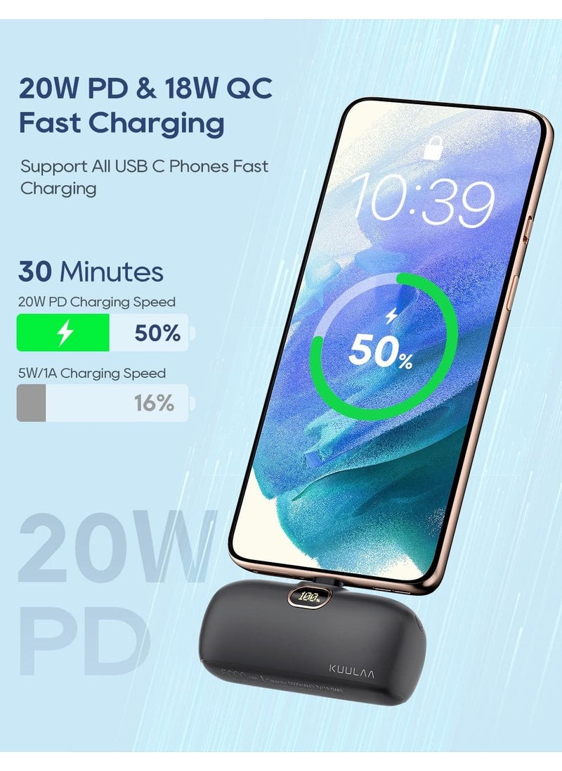 KUULAA - Kuulaa USB C Portable Charger Power Bank 5000mAh Mini Portable Phone Charger 20W PD Fast Charging Compatible with iPhone 15/16 Series, Samsung S24/23, Other USB-C Devices - Black - Image 1