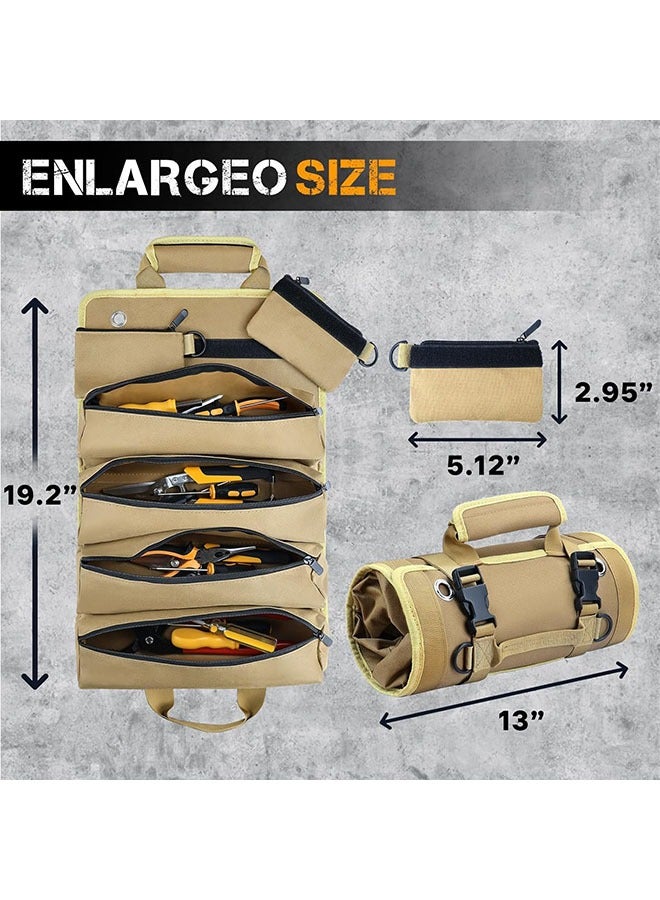 Arabest Roll Up Tool Bag, Heavy Duty Tool Organizer with 2 Detachable Zipper Pouches, Compact Durable Tool Storage for Men Women, Perfect for Handyman, RV Owners, Dad Birthday or Father’s Day Gifts, Khaki - Image 2