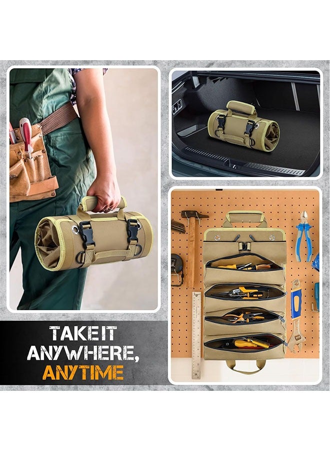 Arabest Roll Up Tool Bag, Heavy Duty Tool Organizer with 2 Detachable Zipper Pouches, Compact Durable Tool Storage for Men Women, Perfect for Handyman, RV Owners, Dad Birthday or Father’s Day Gifts, Khaki - Image 3