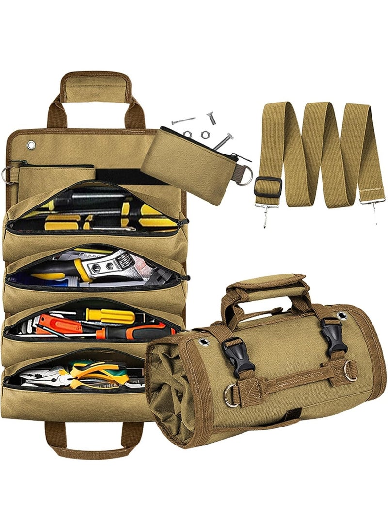 Arabest Roll Up Tool Bag, Heavy Duty Tool Organizer with 2 Detachable Zipper Pouches, Compact Durable Tool Storage for Men Women, Perfect for Handyman, RV Owners, Dad Birthday or Father’s Day Gifts, Khaki - Image 1