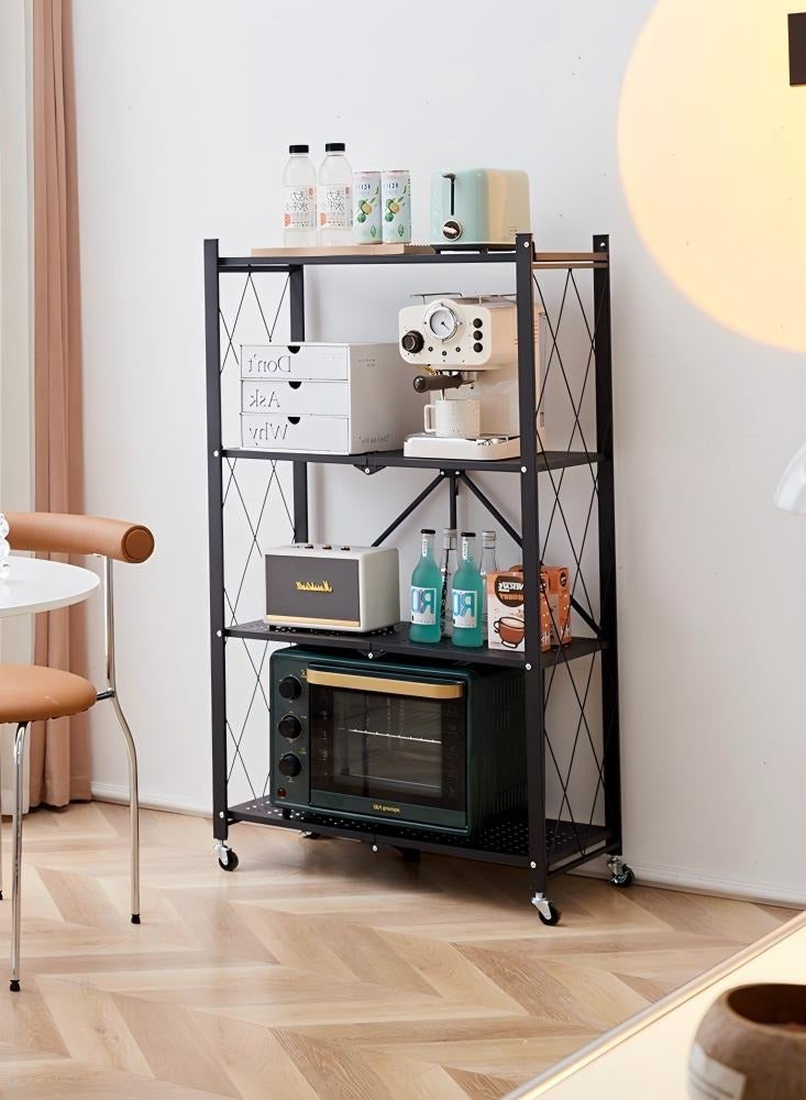 Generic Space saving folding rack with wheels, 4 layers thick foldable storage rack with wheels, no assembly required, large capacity rack, 25mm carbon steel heavy duty metal rack unit rolling cart, load bearing 250kg, black metal garage rack, foldable kitchen and office rack  - Image 1