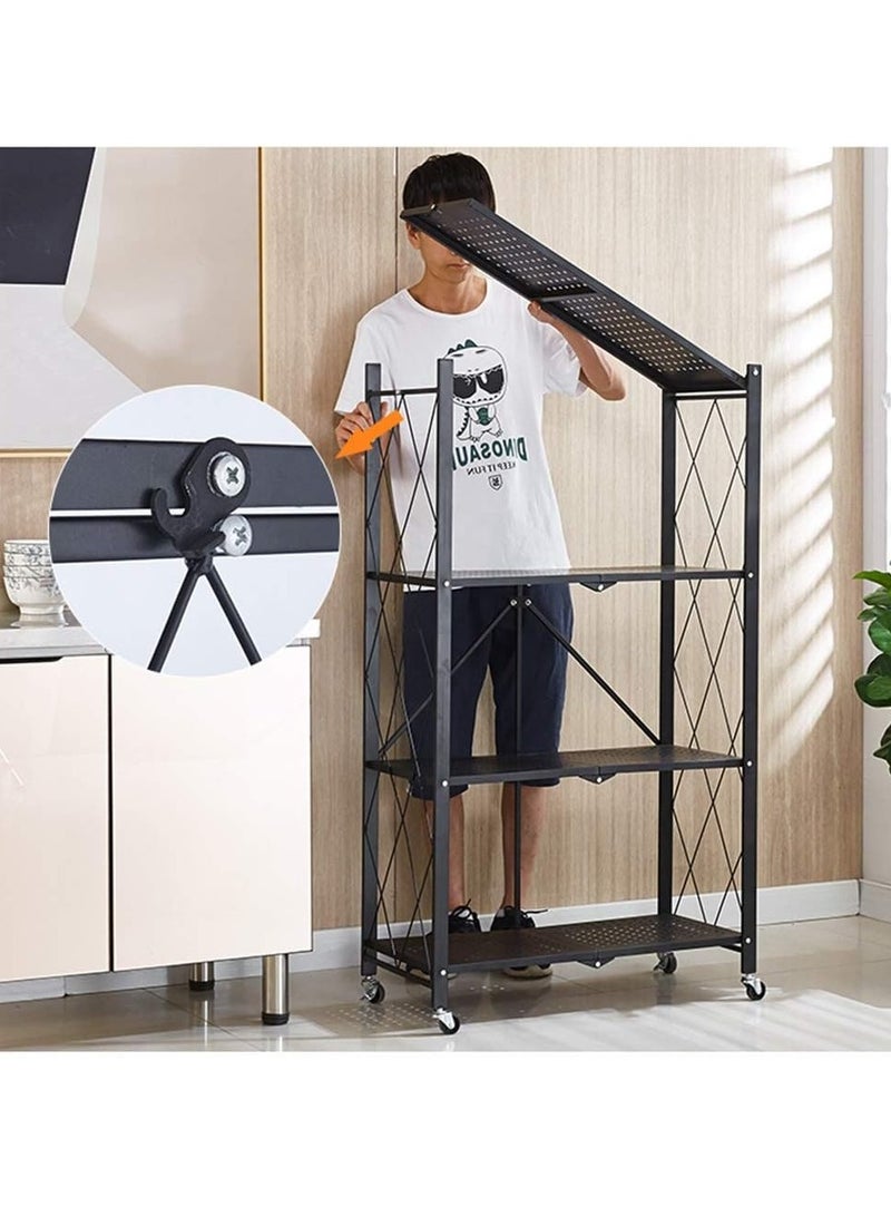 Generic Space saving folding rack with wheels, 4 layers thick foldable storage rack with wheels, no assembly required, large capacity rack, 25mm carbon steel heavy duty metal rack unit rolling cart, load bearing 250kg, black metal garage rack, foldable kitchen and office rack  - Image 2