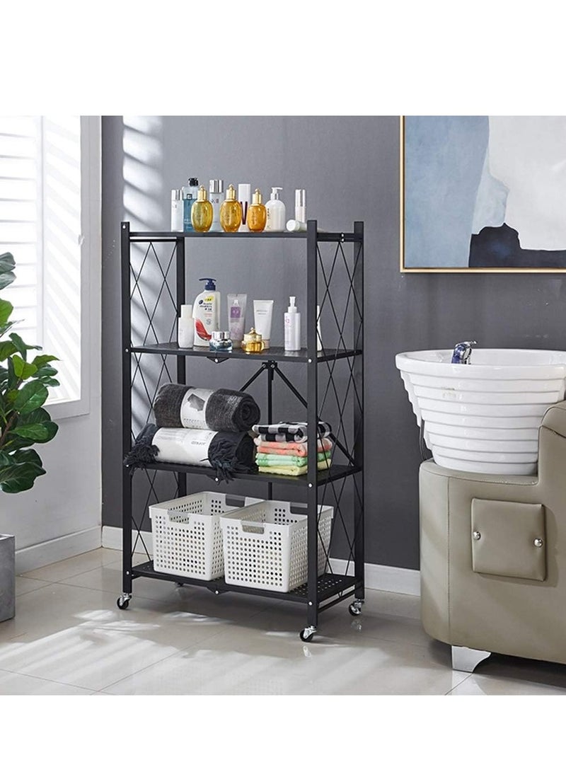 Generic Space saving folding rack with wheels, 4 layers thick foldable storage rack with wheels, no assembly required, large capacity rack, 25mm carbon steel heavy duty metal rack unit rolling cart, load bearing 250kg, black metal garage rack, foldable kitchen and office rack  - Image 3