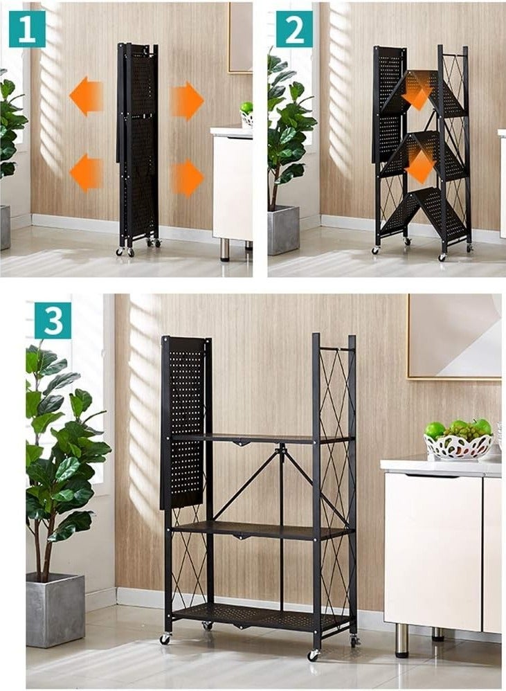 Generic Space saving folding rack with wheels, 4 layers thick foldable storage rack with wheels, no assembly required, large capacity rack, 25mm carbon steel heavy duty metal rack unit rolling cart, load bearing 250kg, black metal garage rack, foldable kitchen and office rack  - Image 4