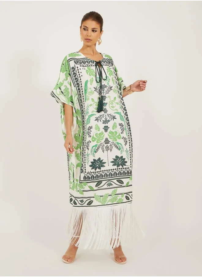 ستايلي Printed Fringe Hem Short Sleeves Kaftan Maxi Dress