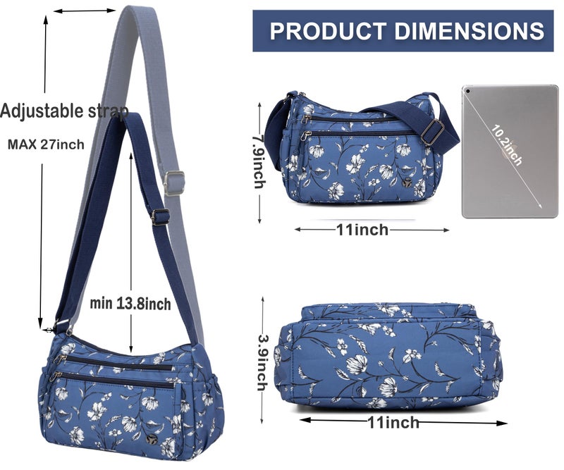 Wytidian Crossbody Bags for Women Waterproof Nylon Shoulder Bag Roomy Multiple Pockets Messenger Purses Handbags (Blue-Floral 02) - Image 4