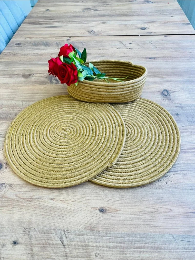 BDZ Deri BDZ Leather Wicker Jute Presentation Plate Mat American Service and Basket 3 Pieces
