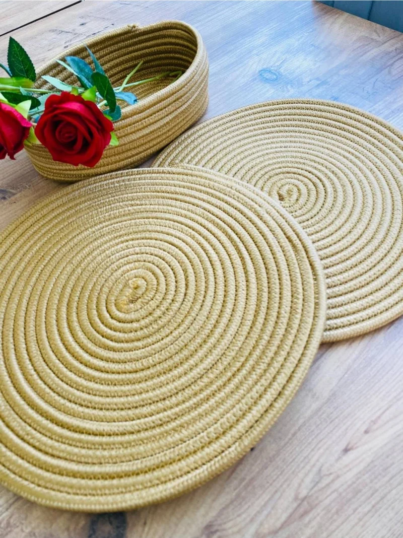 BDZ Deri BDZ Leather Wicker Jute Presentation Plate Mat American Service and Basket 3 Pieces