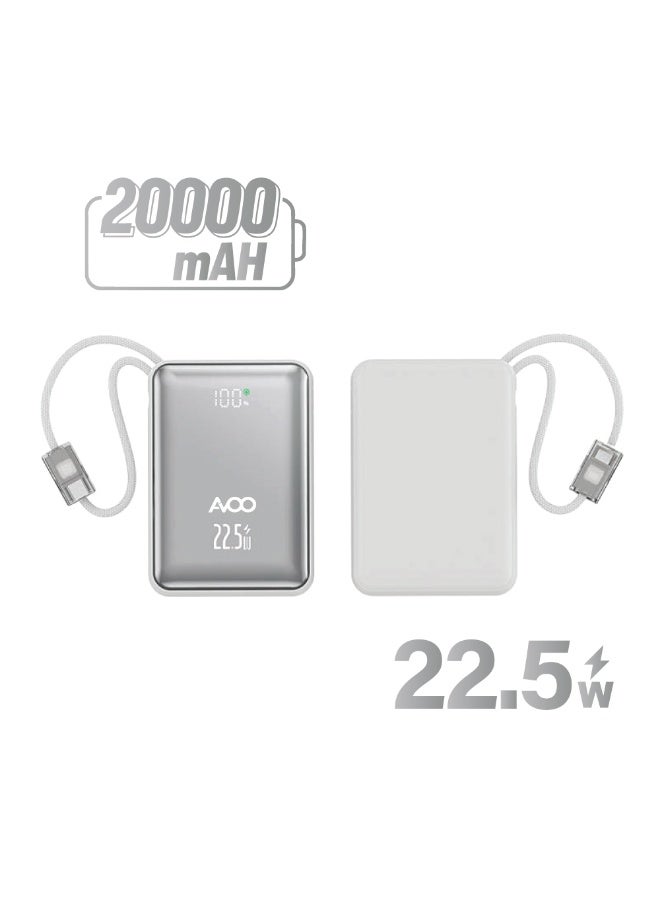 AVOO Small & Lightweight Portable Power Bank 20000mAh Fast Charging PD with Dual Built-in Cables – Elegant Silver Portable Battery for iPhone, Samsung & Android - Image 1