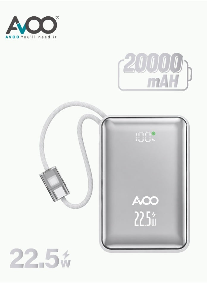 أفو باور بنك شحن متنقل صغير وخفيف 20000mAh شحن سريع PD مع سلكين مدمجين – بطارية متنقلة بلون فضي  الأنيق للآيفون وسامسونج وأندرويد - Image 1