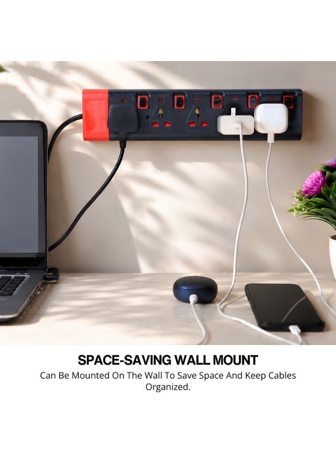 DOMEA Power Strip Extension Board with 5 Universal Sockets, 3 M Heavy Duty Cable, Individual Switches for Each Socket, Safety Earthing Protection, Multi Plug Extension for Home & Office (Black & Red) - Image 3