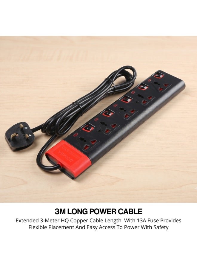 DOMEA Power Strip Extension Board with 5 Universal Sockets, 3 M Heavy Duty Cable, Individual Switches for Each Socket, Safety Earthing Protection, Multi Plug Extension for Home & Office (Black & Red) - Image 2