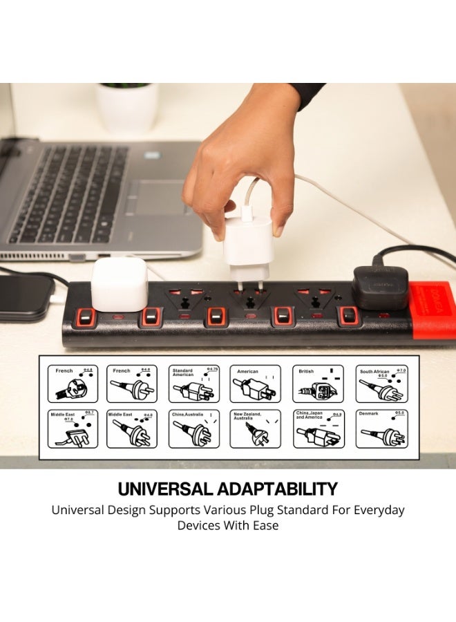 DOMEA Power Strip Extension Board with 5 Universal Sockets, 3 M Heavy Duty Cable, Individual Switches for Each Socket, Safety Earthing Protection, Multi Plug Extension for Home & Office (Black & Red) - Image 4
