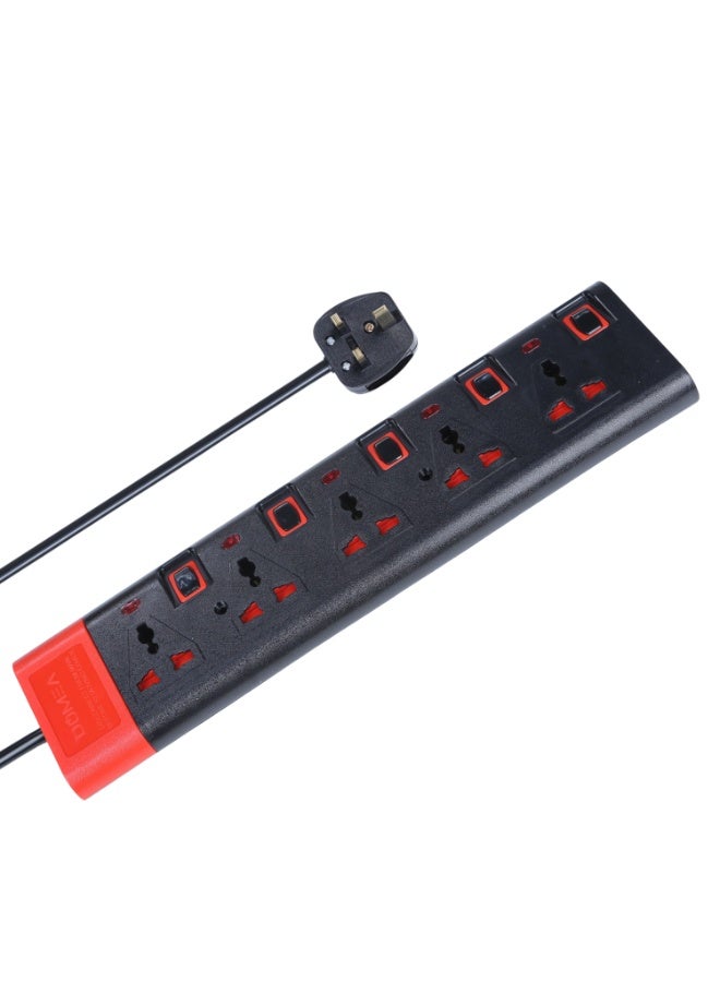 DOMEA Power Strip Extension Board with 5 Universal Sockets, 3 M Heavy Duty Cable, Individual Switches for Each Socket, Safety Earthing Protection, Multi Plug Extension for Home & Office (Black & Red) - Image 1