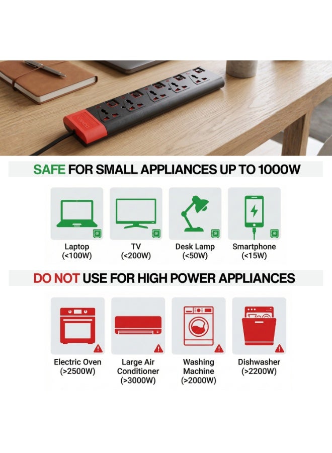 DOMEA Power Strip Extension Board with 5 Universal Sockets, 3 M Heavy Duty Cable, Individual Switches for Each Socket, Safety Earthing Protection, Multi Plug Extension for Home & Office (Black & Red) - Image 5
