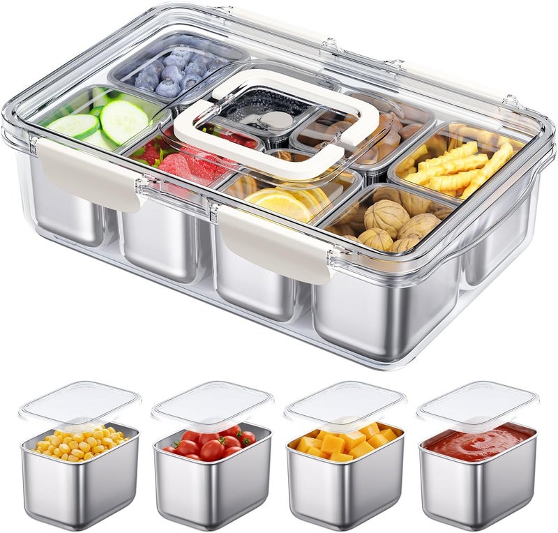 DAOTENGQL Stainless Steel Snackle Box, 8 Compartment Divided Serving Tray with Lid & Handle, Portable BPA-Free Snack Box for Fruits, Nuts & Veggies, Keep Food Fresh & Organized, Ideal for Travel,Picnic & Beach - Image 1