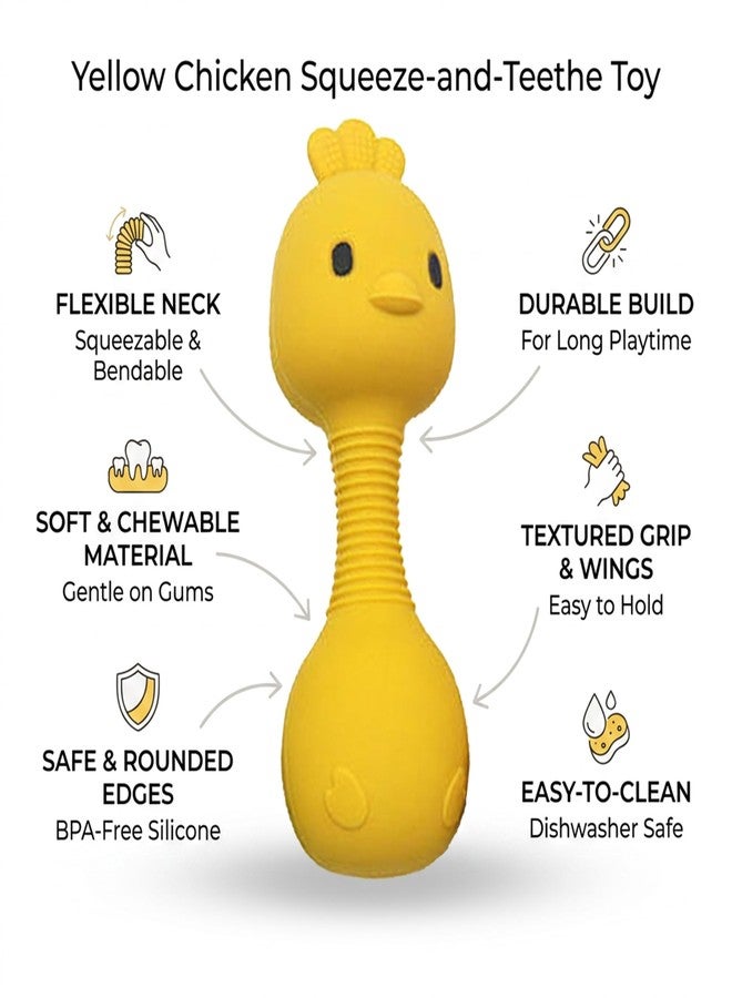 Lefan Baby Chick Rattle Toy for Infants & Toddlers, Soft Silicone Sensory Teether Rattle, Squeaky Sound Toy, Easy Grip Development Toy for Babies 0-24 Months, BPA Free Yellow Chick - Image 3